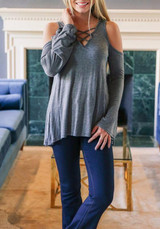 Grey Cut Out V-neck Long Sleeve Fashion T-Shirt