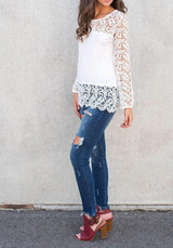 White Patchwork Lace Round Neck Long Sleeve Casual T-Shirt White Patchwork Lace Round Neck Long Sleeve Casual T-Shirt