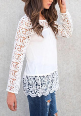White Patchwork Lace Round Neck Long Sleeve Casual T-Shirt White Patchwork Lace Round Neck Long Sleeve Casual T-Shirt