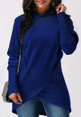Blue Irregular Hooded Long Sleeve Pullover Sweatshirt