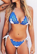 Blue Patchwork Lace Drawstring 2-in-1 V-neck Dacron Swimwear