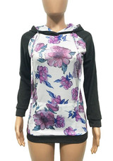 Grey Flowers Drawstring Pockets Hooded Casual Pullover Sweatshirt