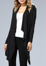 Black Irregular Plunging Neckline Long Sleeve Coat