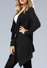 Black Irregular Plunging Neckline Long Sleeve Coat