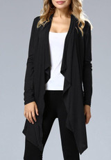 Black Irregular Plunging Neckline Long Sleeve Coat