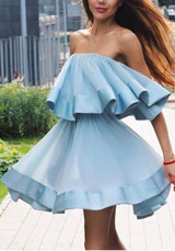 Sky Blue Patchwork Pleated Bandeau Off Shoulder Backless Going out Cute Blouse
