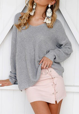 Grey V-neck Irregular Cut Out Backless Long Sleeve Fashion Pullover Sweater Grey V-neck Irregular Cut Out Backless Long Sleeve Fashion Pullover Sweater