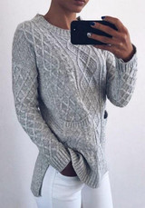 Grey Pockets Irregular Round Neck Long Sleeve Fashion Pullover Sweater Grey Pockets Irregular Round Neck Long Sleeve Fashion Pullover Sweater