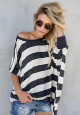 Black-White Striped Asymmetric Shoulder Going out Casual T-Shirt