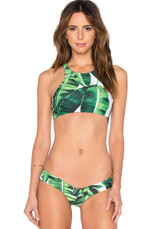 Green Leaves Print 2-in-1 Round Neck Slim Bikini Swimwear