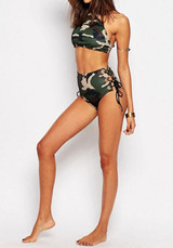 Army Green Camouflage Print Lace-up Spaghetti Strap Two Piece Bikini Swimwear