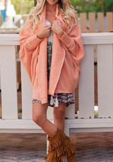 Pink Irregular Turndown Collar Long Sleeve Casual Cardigan Sweater