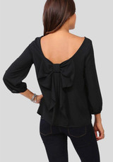 Black Patchwork Backless Bow Round Neck Long Sleeve Fashion T-Shirt