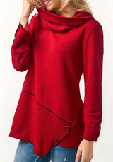 Red Buttons Irregular Ruffle Collar Cowl Neck Fashion T-Shirt