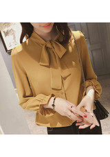Yellow Bow Lace-up Long Sleeve Fashion Chiffon Blouse