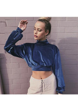 Sapphire Blue Crop High Neck Streetwear Pullover Sweatshirt