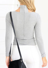 Grey Plain Cut Out Zipper Halter Neck Band Collar Casual T-Shirt