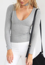 Grey Plain Cut Out Zipper Halter Neck Band Collar Casual T-Shirt