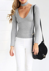 Grey Plain Cut Out Zipper Halter Neck Band Collar Casual T-Shirt