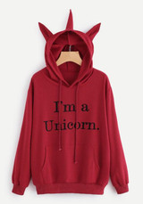 Red "I'm a Unicorn" Monogram Print Pockets Drawstring Cute Hooded Pullover Sweatshirt