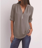 Grey Zipper Buttons V-neck Casual Blouse