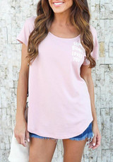 Light Pink Monogram Print Irregular Round Neck Short Sleeve Casual T-Shirt