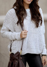 Beige Round Neck Long Sleeve Casual Oversize Pullover Sweater