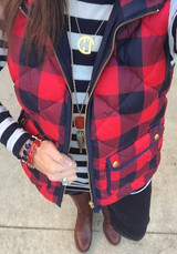 Red Plaid Zipper Pockets Turndown Collar Casual Cute Vest
