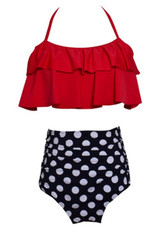 Red Polka Dot Ruffle Halter Neck Backless Lace-up Two Piece Sweet Swimwear
