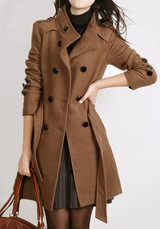 Khaki Sashes Pockets Buttons Turndown Collar Long Sleeve Coat