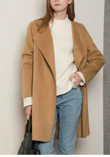 Camel Pockets Buttons Band Collar Long Sleeve Wool Coat