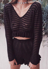 Black Striped Backless Peplum Tie Back Crop Oversize T-shirt