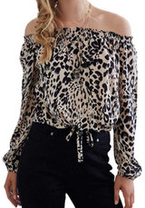 Black Leopard Print Drawstring Off Shoulder Backless Going out Blouse