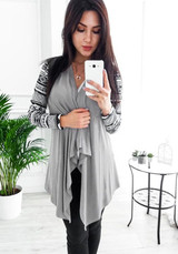 Grey Patchwork Irregular Print Casual Cardigan Sweater
