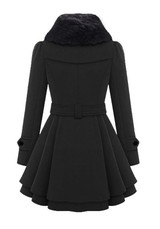 Black Plain Fur Buttons Belt Turndown Collar Fashion Double Breasted Peplum Wool Coat