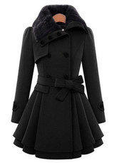 Black Plain Fur Buttons Belt Turndown Collar Fashion Double Breasted Peplum Wool Coat