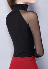 Black Patchwork Grenadine Pleated High Neck Long Sleeve T-Shirt