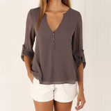 Coffee Plain Irregular V-neck Long Sleeve Fashion Blouse