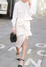 White Lace Flowers Band Collar Long Sleeve Fashion Blouse