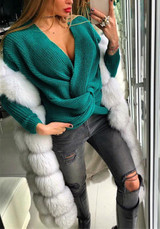 Green Irregular V-neck Casual Pullover Sweater