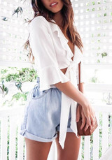 White Irregular Ruffle Crop Plunging Neckline 3/4 Sleeve Blouse