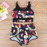 Blue Patchwork Grenadine Tribal Floral Print Two Piece High Waisted Vintage Swimwear