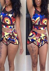 Blue Patchwork Grenadine Tribal Floral Print Two Piece High Waisted Vintage Swimwear
