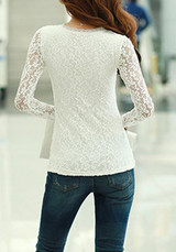 White Patchwork Lace Round Neck Long Sleeve Elegant T-Shirt White Patchwork Lace Round Neck Long Sleeve Elegant T-Shirt
