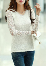 White Patchwork Lace Round Neck Long Sleeve Elegant T-Shirt White Patchwork Lace Round Neck Long Sleeve Elegant T-Shirt