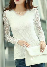 White Patchwork Lace Round Neck Long Sleeve Elegant T-Shirt White Patchwork Lace Round Neck Long Sleeve Elegant T-Shirt