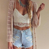 White Patchwork Lace Hollow-out Spaghetti Strap Crop Tie Back Vest