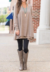 Khaki Patchwork Irregular Round Neck Long Sleeve Casual T-Shirt