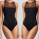 Black Patchwork Grenadine Cut Out One Piece Sleeveless Swimwear