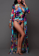 Blue Colorful Asymmetric Shoulder Cut Out Draped Swimwear With Cloak